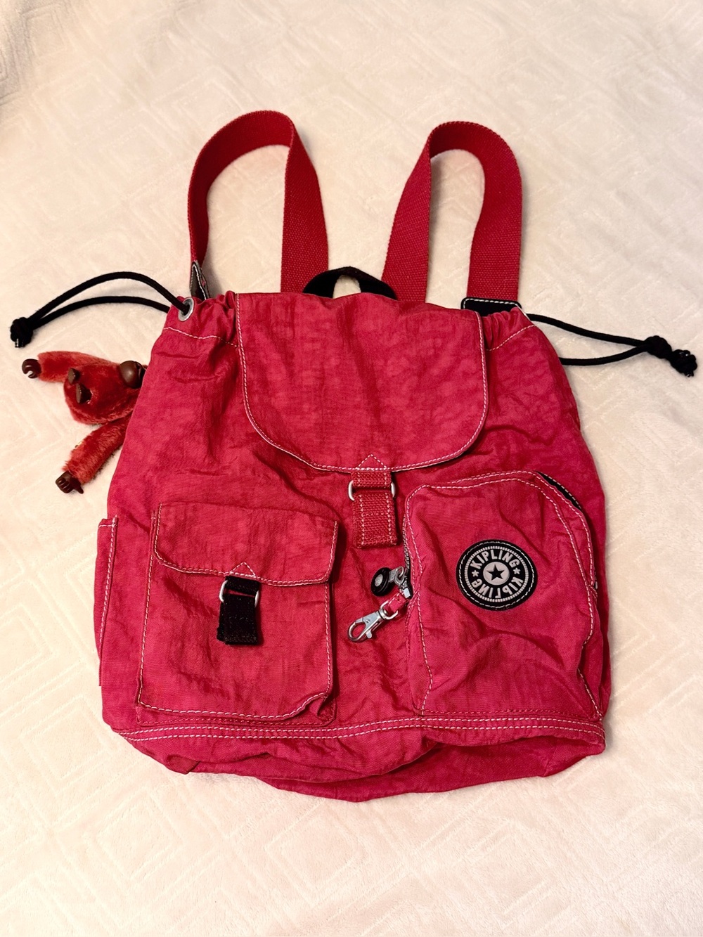 Kipling Vintage 90s Y2K Red & black Drawstring Backpack bag With monkey Keychain